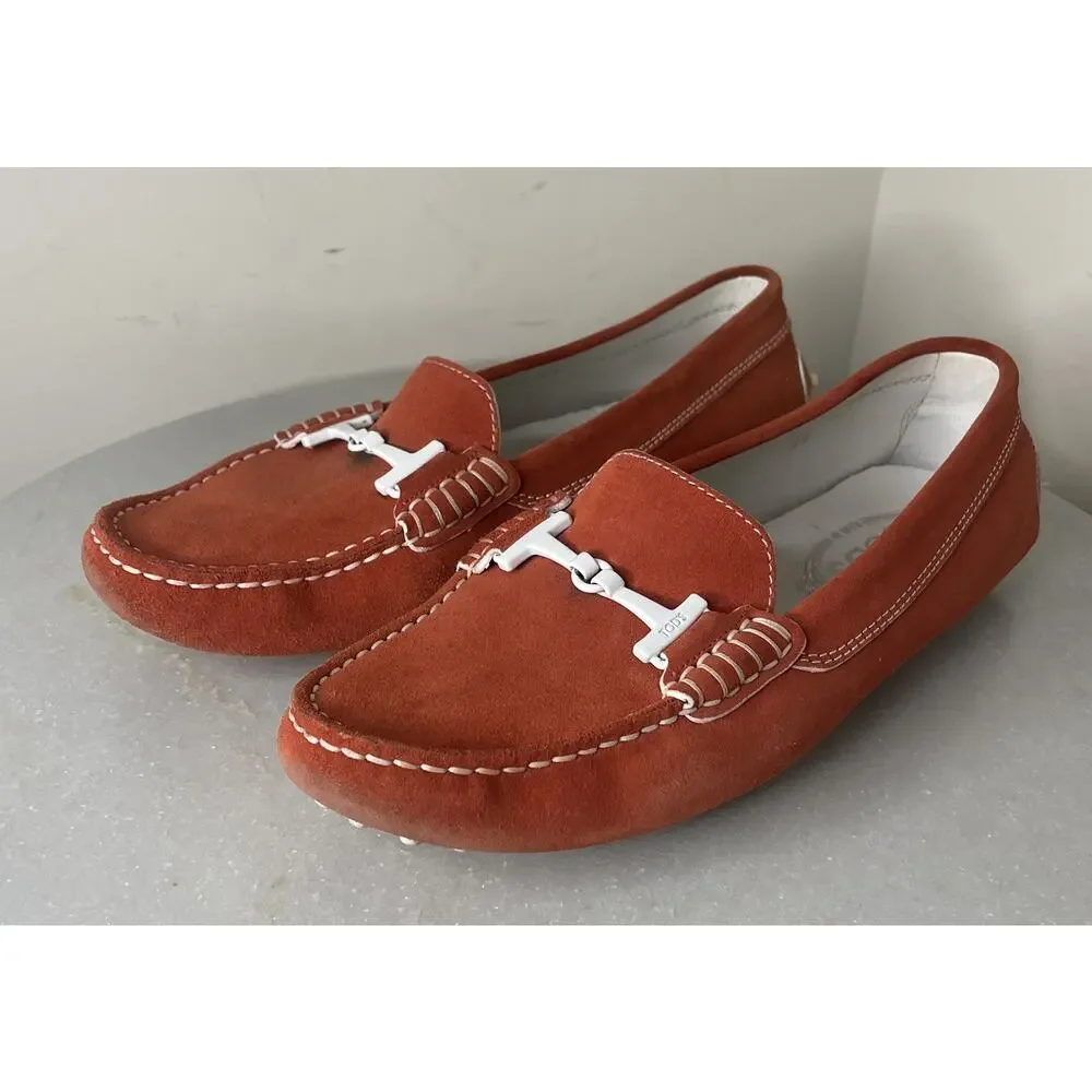 Tod’s Gommino Rust Suede Leather Driving Loafers White Horsebit Buckle 39 / 8.5